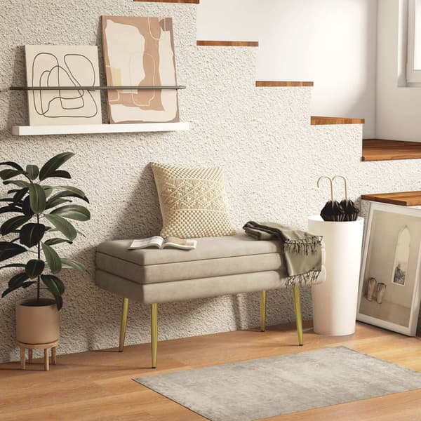 Benk, polstret benk med oppbevaringsplass, fløyelslook, sengebenk med stålben, skobenk, oppbevaringsbenk til stue, soverom, beige, 79,5 x 37,5 x 43 cm