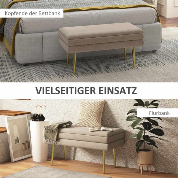 Benk, polstret benk med oppbevaringsplass, fløyelslook, sengebenk med stålben, skobenk, oppbevaringsbenk til stue, soverom, beige, 79,5 x 37,5 x 43 cm