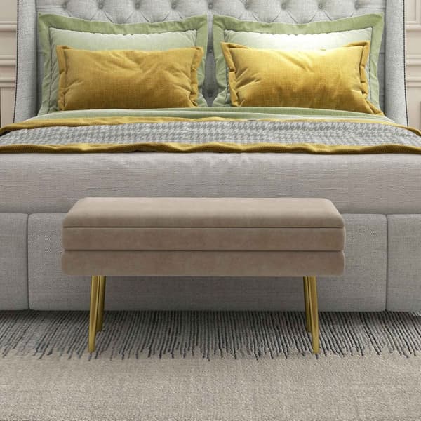 Benk, polstret benk med oppbevaringsplass, fløyelslook, sengebenk med stålben, skobenk, oppbevaringsbenk til stue, soverom, beige, 79,5 x 37,5 x 43 cm