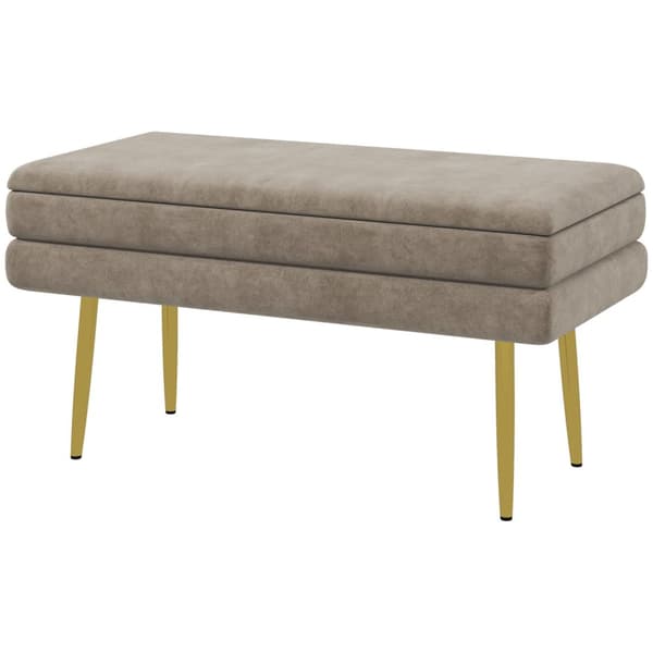 Benk, polstret benk med oppbevaringsplass, fløyelslook, sengebenk med stålben, skobenk, oppbevaringsbenk til stue, soverom, beige, 79,5 x 37,5 x 43 cm