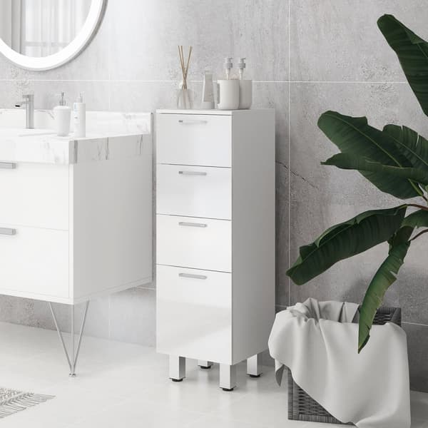 Smalt baderomsskap, toalettskap med justerbar hylle, 3 skuffer, baderomsskap for små rom bad, stue 30 x 30 x 93 cm hvit |