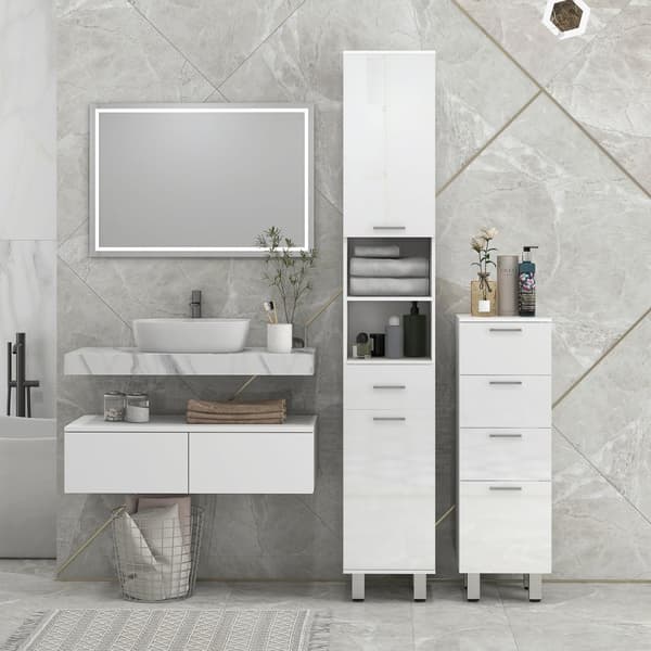 Smalt baderomsskap, toalettskap med justerbar hylle, 3 skuffer, baderomsskap for små rom bad, stue 30 x 30 x 93 cm hvit |