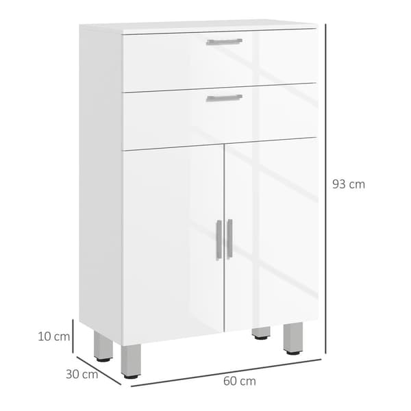 Baderomsskap sideskap med 2 høyglans hvite skuffer, dør, baderomsskap med justerbar hylle, oppbevaringsskap for stue 60 x 30 x 93 cm |