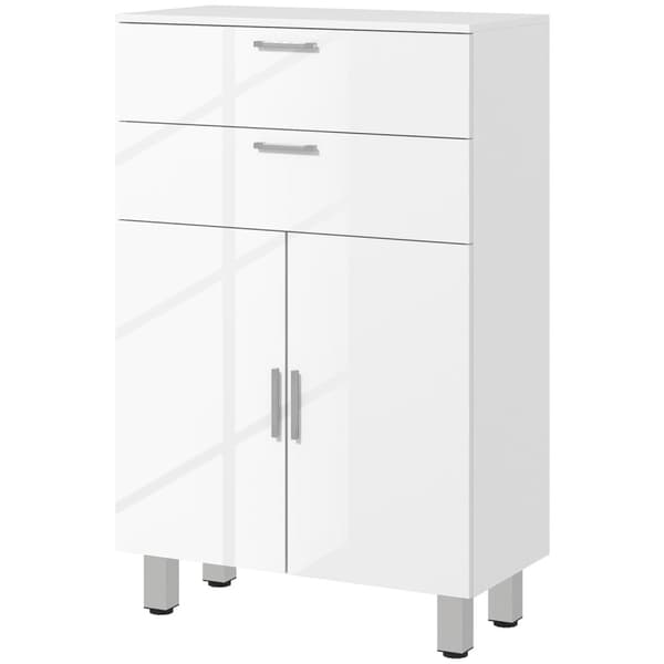 Baderomsskap sideskap med 2 høyglans hvite skuffer, dør, baderomsskap med justerbar hylle, oppbevaringsskap for stue 60 x 30 x 93 cm |