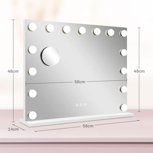 Hollywood-speil med belysning 58x48cm 15 LED 3 lysmoduser 10X forstørrelse bærbar berøringsbryter USB-ladeport hvit |.de