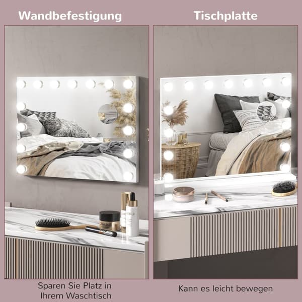 Hollywood-speil med belysning 58x48cm 15 LED 3 lysmoduser 10X forstørrelse bærbar berøringsbryter USB-ladeport hvit |.de