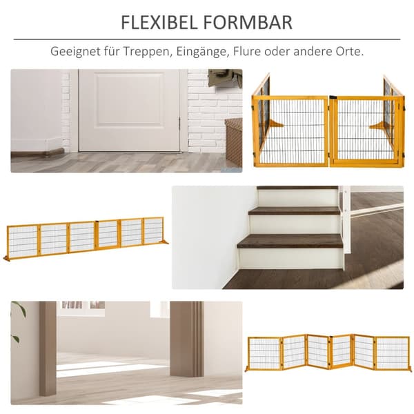 Hundspärr, justerbar säkerhetsgrind med fötter, 432 x 70 cm hundgrind i trä, fällbar trappgrind, hundspärr för trappor, dörrar, hall, 6 paneler, gul |