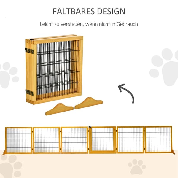 Hundspärr, justerbar säkerhetsgrind med fötter, 432 x 70 cm hundgrind i trä, fällbar trappgrind, hundspärr för trappor, dörrar, hall, 6 paneler, gul |