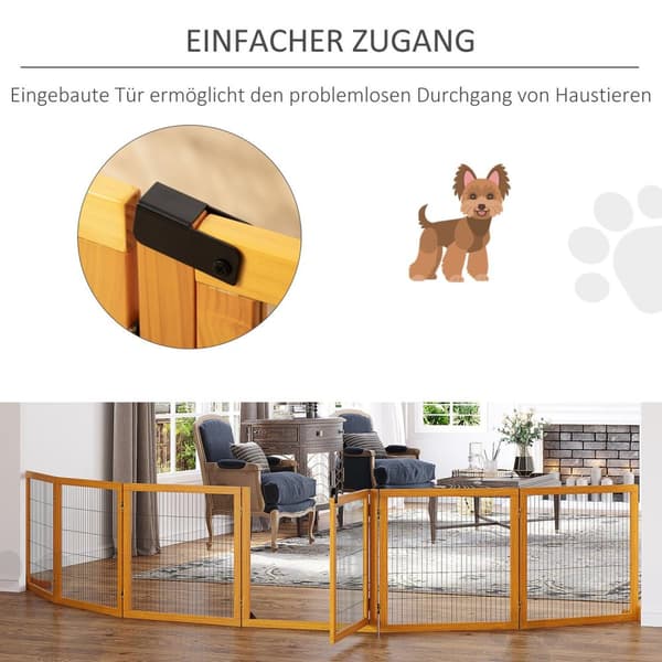 Hundspärr, justerbar säkerhetsgrind med fötter, 432 x 70 cm hundgrind i trä, fällbar trappgrind, hundspärr för trappor, dörrar, hall, 6 paneler, gul |