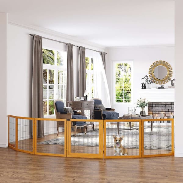 Hundspärr, justerbar säkerhetsgrind med fötter, 432 x 70 cm hundgrind i trä, fällbar trappgrind, hundspärr för trappor, dörrar, hall, 6 paneler, gul |