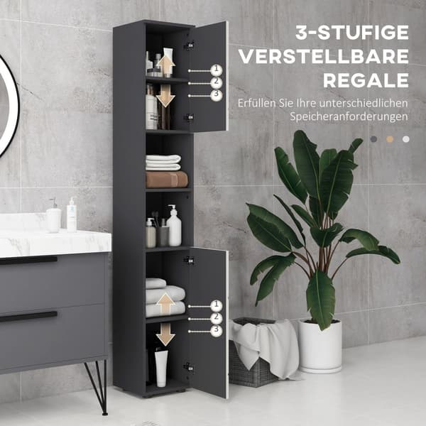 Smalt baderomsskap, høyt toalettskap med justerbar hylle og 2 åpne rom, baderomsskap for små rom bad, stue 30 x 30 x 183 cm grå |