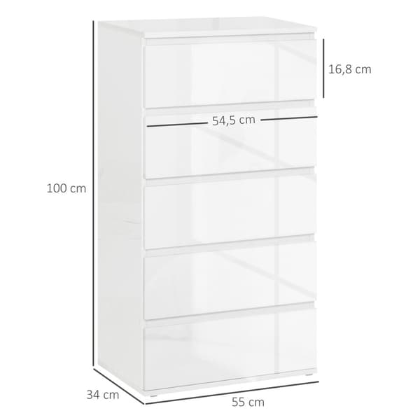 Kommode, skænk med 5 skuffer, kontorskab med anti-tip trækflige, til stue, soveværelse, hvid, 55 x 34 x 100 cm |