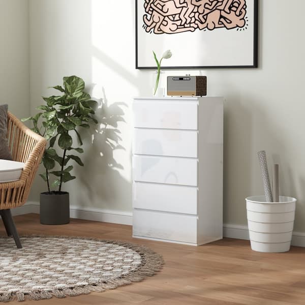 Kommode, skænk med 5 skuffer, kontorskab med anti-tip trækflige, til stue, soveværelse, hvid, 55 x 34 x 100 cm |