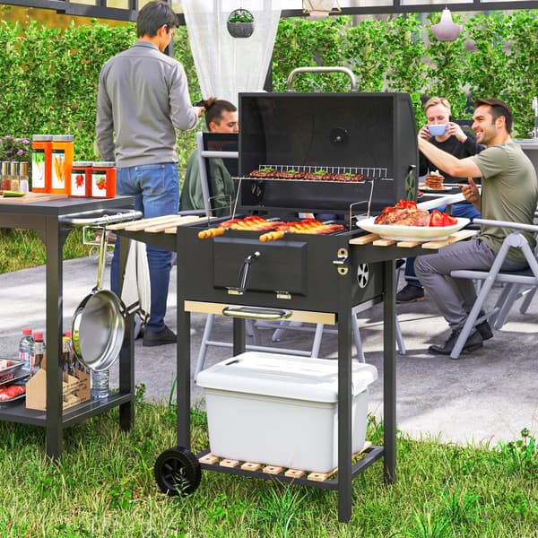 Kullgrill laget av rustfritt stål, mobil grillvogn med lokk, termometer, grillrist, hjul, justerbart håndtak, kullbrett, kullgrillvogn med vedhylle, B