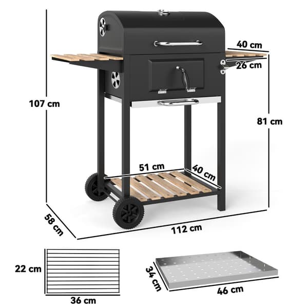 Kullgrill laget av rustfritt stål, mobil grillvogn med lokk, termometer, grillrist, hjul, justerbart håndtak, kullbrett, kullgrillvogn med vedhylle, B