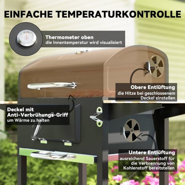 Kullgrill laget av rustfritt stål, mobil grillvogn med lokk, termometer, grillrist, hjul, justerbart håndtak, kullbrett, kullgrillvogn med vedhylle, B