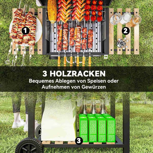 Kullgrill laget av rustfritt stål, mobil grillvogn med lokk, termometer, grillrist, hjul, justerbart håndtak, kullbrett, kullgrillvogn med vedhylle, B