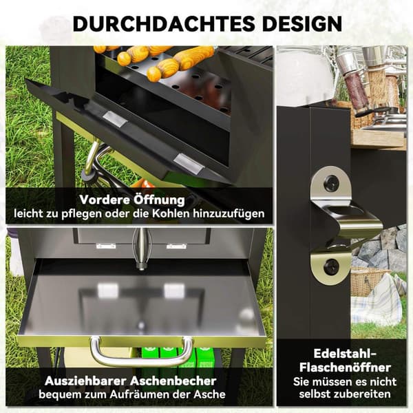 Kullgrill laget av rustfritt stål, mobil grillvogn med lokk, termometer, grillrist, hjul, justerbart håndtak, kullbrett, kullgrillvogn med vedhylle, B