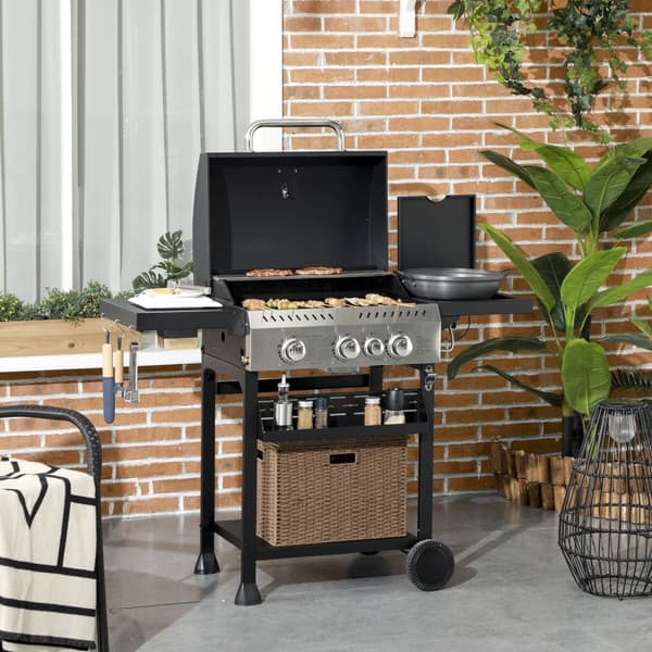 Gasgrill 3 KW 3 + 1 brännare BBQ grillvagn av rostfritt stål inklusive sidobrännare, termometer, grillgaller, häll, flasköppnare, sidohyllor, gasolgri