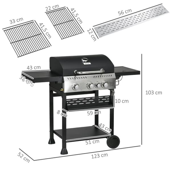 Gasgrill 3 KW 3 + 1 brännare BBQ grillvagn av rostfritt stål inklusive sidobrännare, termometer, grillgaller, häll, flasköppnare, sidohyllor, gasolgri