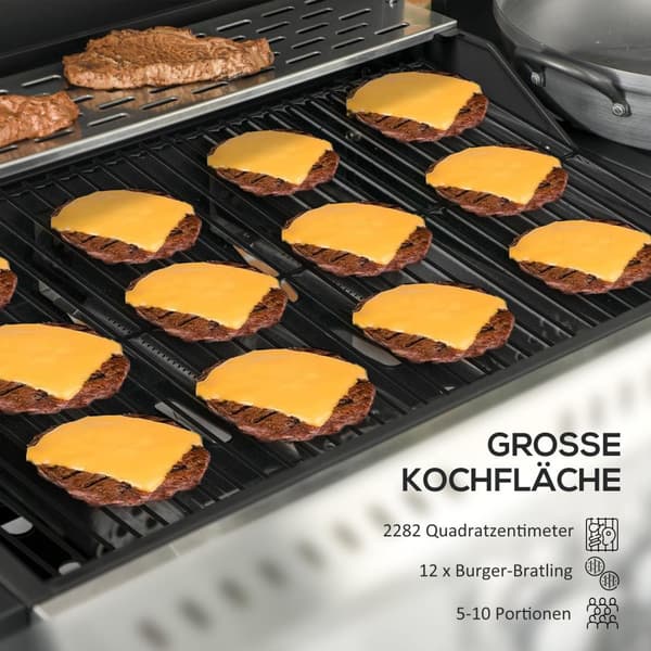 Gasgrill 3 KW 3 + 1 brännare BBQ grillvagn av rostfritt stål inklusive sidobrännare, termometer, grillgaller, häll, flasköppnare, sidohyllor, gasolgri