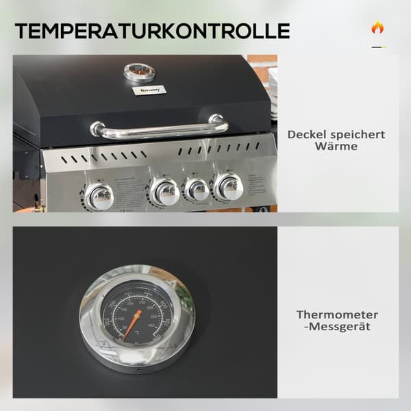 Gasgrill 3 KW 3 + 1 brännare BBQ grillvagn av rostfritt stål inklusive sidobrännare, termometer, grillgaller, häll, flasköppnare, sidohyllor, gasolgri