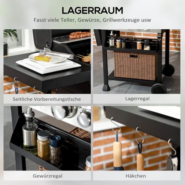 Gasgrill 3 KW 3 + 1 brännare BBQ grillvagn av rostfritt stål inklusive sidobrännare, termometer, grillgaller, häll, flasköppnare, sidohyllor, gasolgri