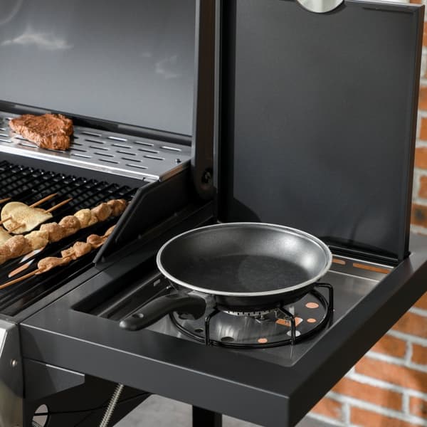 Gasgrill 3 KW 3 + 1 brännare BBQ grillvagn av rostfritt stål inklusive sidobrännare, termometer, grillgaller, häll, flasköppnare, sidohyllor, gasolgri
