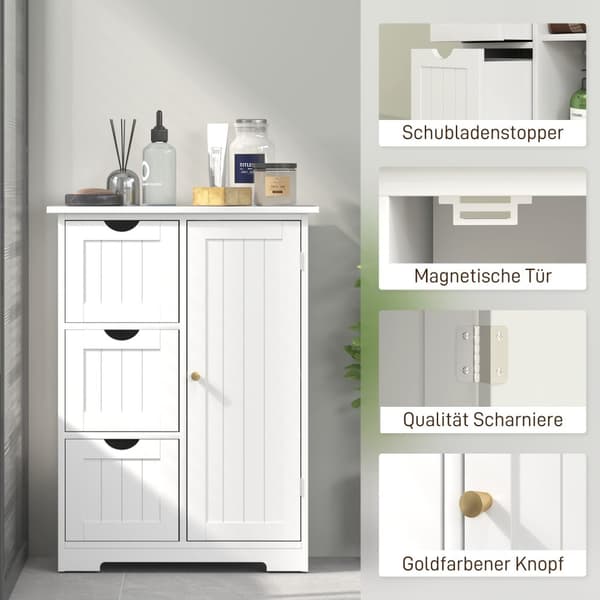 Baderomsskap sideskap med 3 skuffer, baderomsskap med justerbar hylle, for bad, stue 60 x 30 x 80 cm hvit |