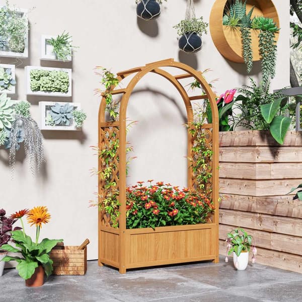 Korotettu istutuspöytä säleikköllä, kaareva kattosäleikkö puusta, puutarhasäleikkö 83x36x145cm puutarhaparveketerassille, kukkaruukku kiipeilykasveill