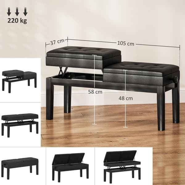 Højdejusterbar klaverbænk med opbevaringsplads, klaverbænk med en bæreevne på op til 220 kg, kunstlæder, sort, 105 x 37 x 48-58 cm |
