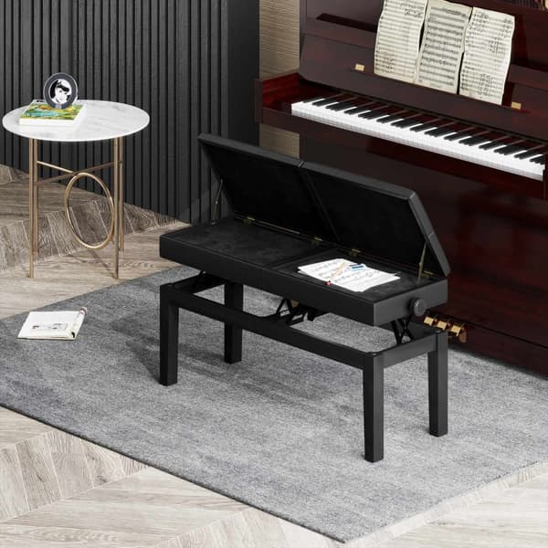Højdejusterbar klaverbænk med opbevaringsplads, klaverbænk med en bæreevne på op til 220 kg, kunstlæder, sort, 105 x 37 x 48-58 cm |