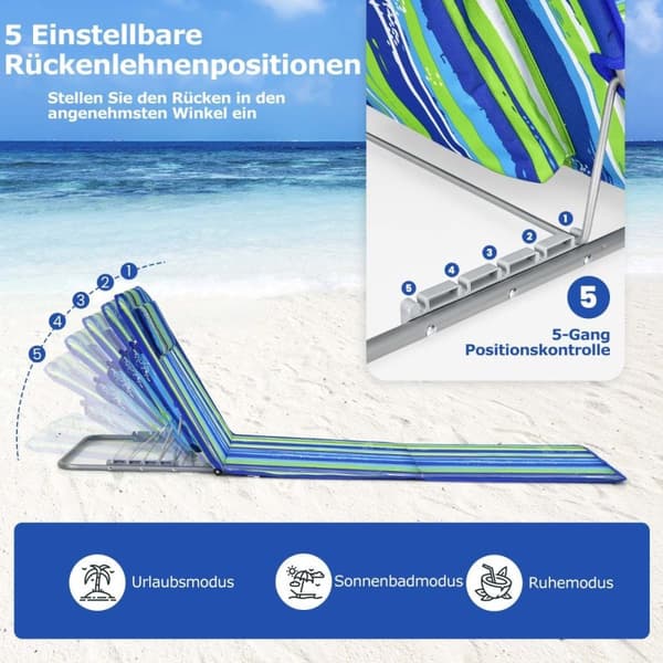 2 x strandmatte med sidebord justerbart solstolsett 151 x 55,5 x 27-47 Blå + Grønn