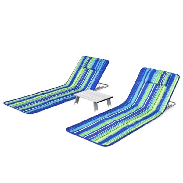 2 x strandmatte med sidebord justerbart solstolsett 151 x 55,5 x 27-47 Blå + Grønn