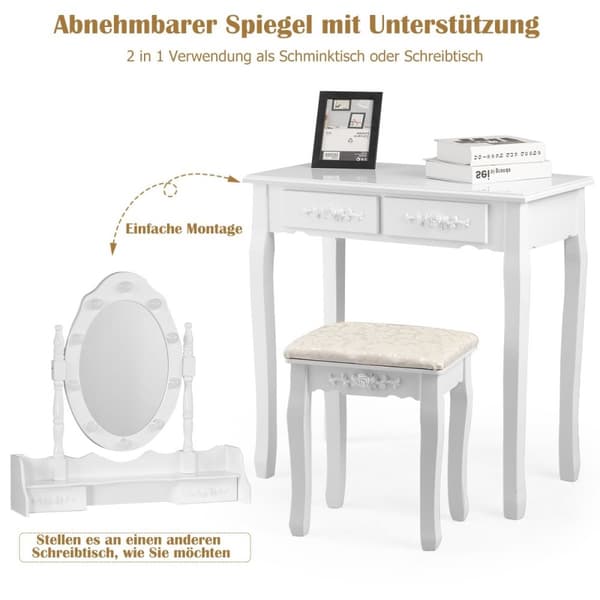Klassisk toiletbord sæt med skammel LED-pærer kosmetikbord 75 x 40 x 146 cm hvid