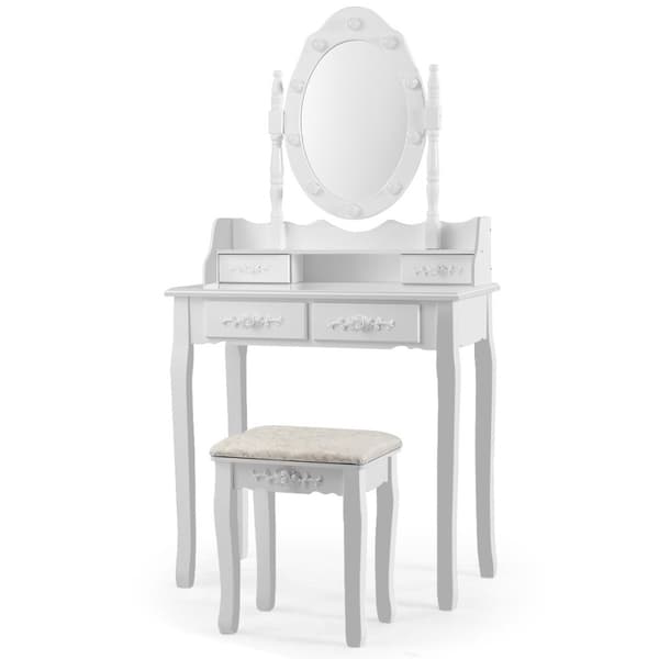 Klassisk toiletbord sæt med skammel LED-pærer kosmetikbord 75 x 40 x 146 cm hvid