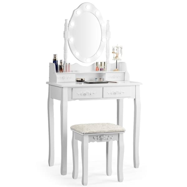 Klassisk toiletbord sæt med skammel LED-pærer kosmetikbord 75 x 40 x 146 cm hvid