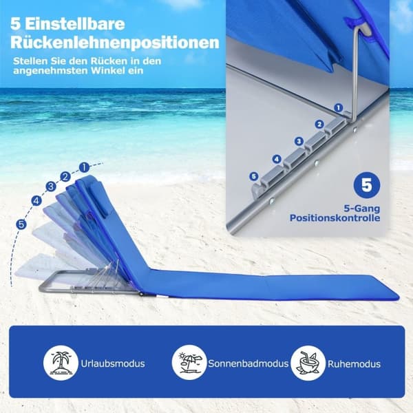 Set med 2 hopfällbara strandmattor med 2 solstolar och sidobord 151 x 55,5 x 27-47 Blå
