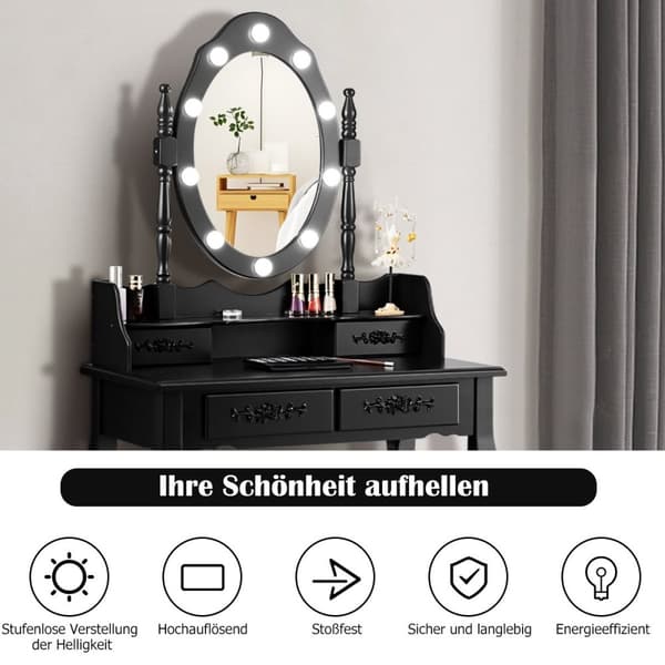 Toiletbord med skammel, spejl og 10 dæmpbare LED-pærer, 75 x 40 x 146 cm, sort