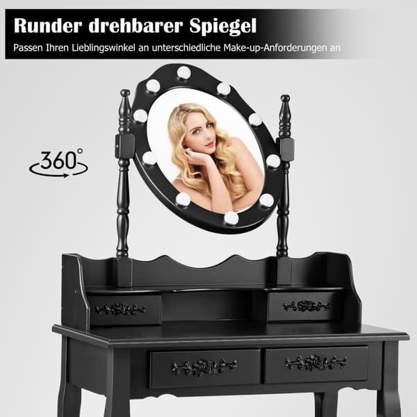 Toiletbord med skammel, spejl og 10 dæmpbare LED-pærer, 75 x 40 x 146 cm, sort