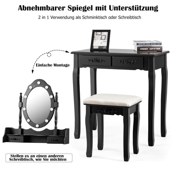 Toiletbord med skammel, spejl og 10 dæmpbare LED-pærer, 75 x 40 x 146 cm, sort