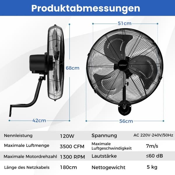 Ø56 cm Vægventilator Oscillerende Ventilator til Lager Drivhus Værkstedsterrasse og Kælder Sort