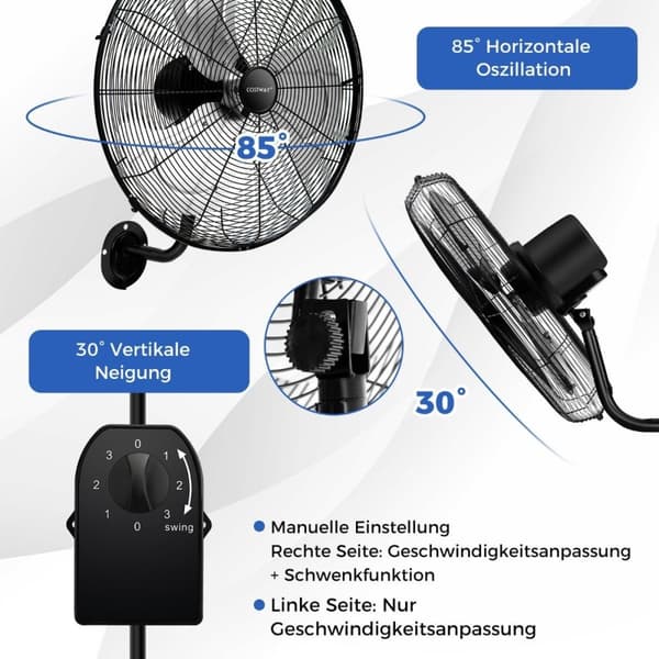 Ø56 cm Vægventilator Oscillerende Ventilator til Lager Drivhus Værkstedsterrasse og Kælder Sort