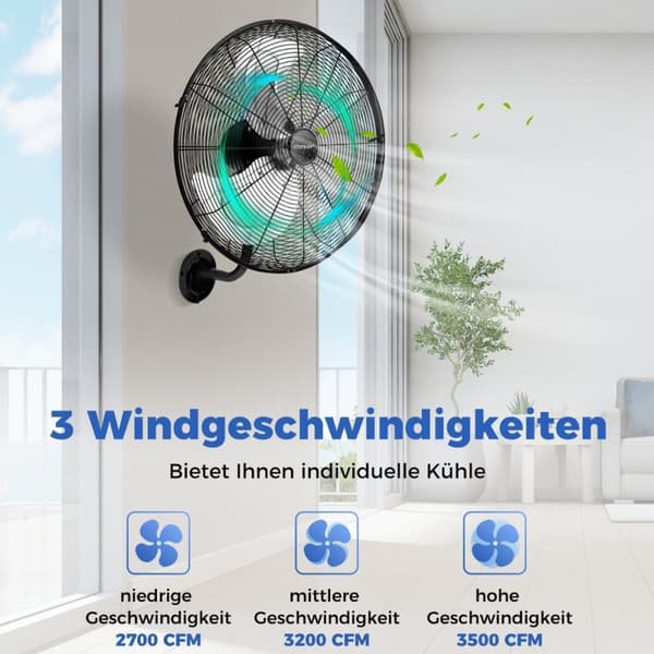 Ø56 cm Vægventilator Oscillerende Ventilator til Lager Drivhus Værkstedsterrasse og Kælder Sort