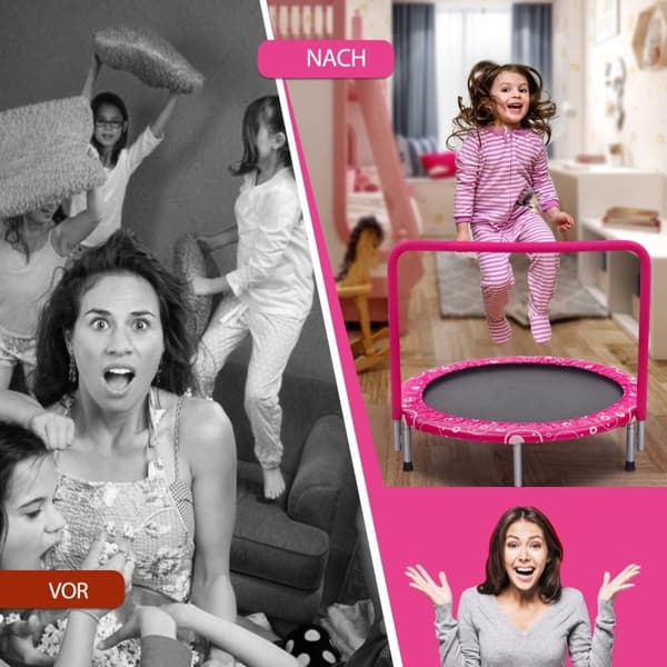 92 cm barnas trampoline, mini trampoline med håndtak, sammenleggbar trampoline, lastekapasitet opptil 150 kg, rosa + svart