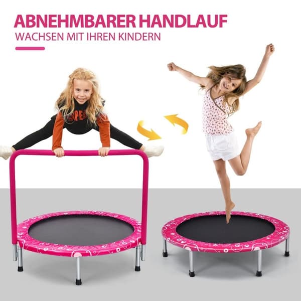 92 cm barnas trampoline, mini trampoline med håndtak, sammenleggbar trampoline, lastekapasitet opptil 150 kg, rosa + svart