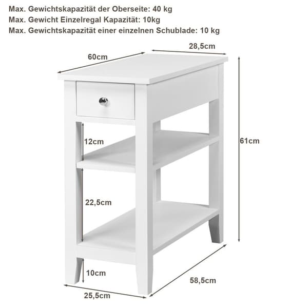 Konsolipöytä hyllyllä ja laatikolla 3-kerroksinen puinen sivupöytä 60 x 28,5 x 61cm valkoinen