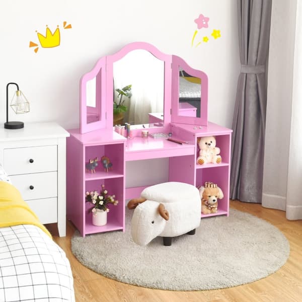 2 i 1 sminkbord med avtagbar spegel och öppna fack i trä för barn från 3 år rosa