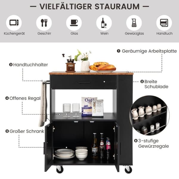 Köksvagn rullande serveringsvagn med 3 kryddställ 82 x 46 x 92 cm svart