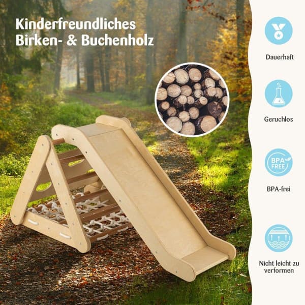 Klätterleksak för småbarn Triangulär 4-i-1 klätterställning med ramp Natural